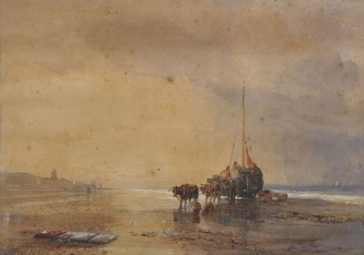 Thomas Lound comparable auction result: thomas lound 1802 1861 british a beach scene with figures and ponies unloading a boat watercolour inscribed on a label on the reverse 8 25 x 11 75
