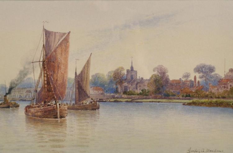 gordon arthur meadows 1866 1937 british a thames scene a river landscape with boats at anchor watercolour signed 6 5 x 10 5 and another by the same hand two 2 · John Nicholson's Fine Art Auctioneers & Valuers · 2017-12-20 Gordon Arthur Meadows comparable auction result: gordon arthur meadows 1866 1937 british a thames scene a river landscape with boats at anchor watercolour signed 6 5 x 10 5 and another by the same hand two 2