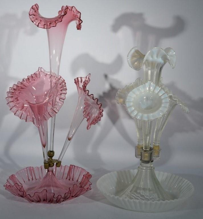 two piece lot to include victorian art glass light cranberry epergne having ruffle edge bowl with three jack and pulpit vases and t · Nadeau's Auction Gallery · 2018-01-01 T. Light comparable auction result: two piece lot to include victorian art glass light cranberry epergne having ruffle edge bowl with three jack and pulpit vases and t