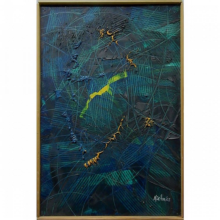 Guy Michon comparable auction result: guy michon canadian 1925 1979 over the moon oil on masonite signed and dated 65 lower right signed titled and dated 65 verso 36 x 24 in 91 4 x 61 cm