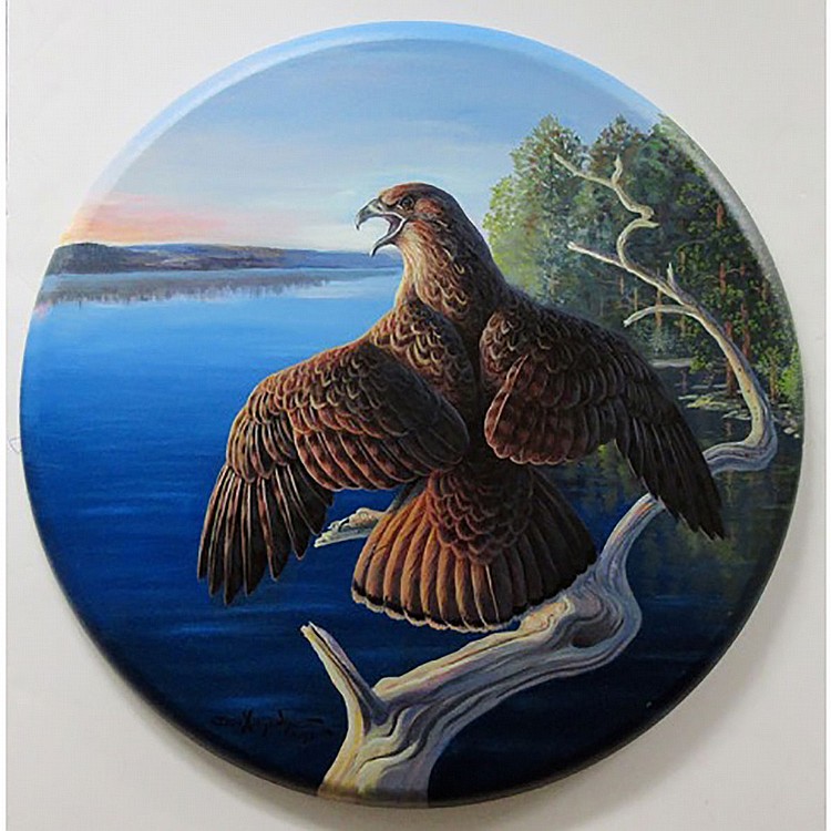 Don Ningewance comparable auction result: don ningewance indigenous 1945 untitled red falcon circular acrylic on canvas signed and dated 97 lower left diameter 30