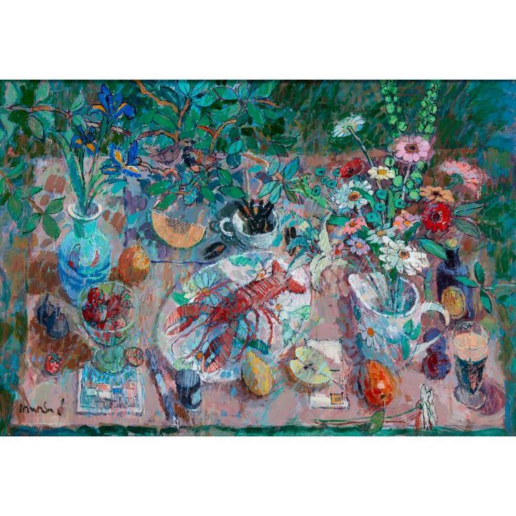 Donald Manson comparable auction result: donald manson scottish b 1948 summer table 70cm x 100cm 27 5in x 39 5in