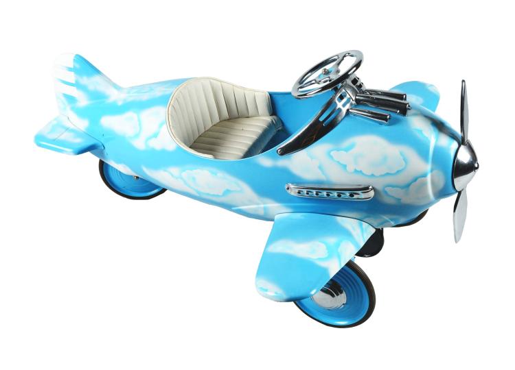 Blue toy pedal car shaped like an airplane with a front propeller and gray seat inside the cockpit.