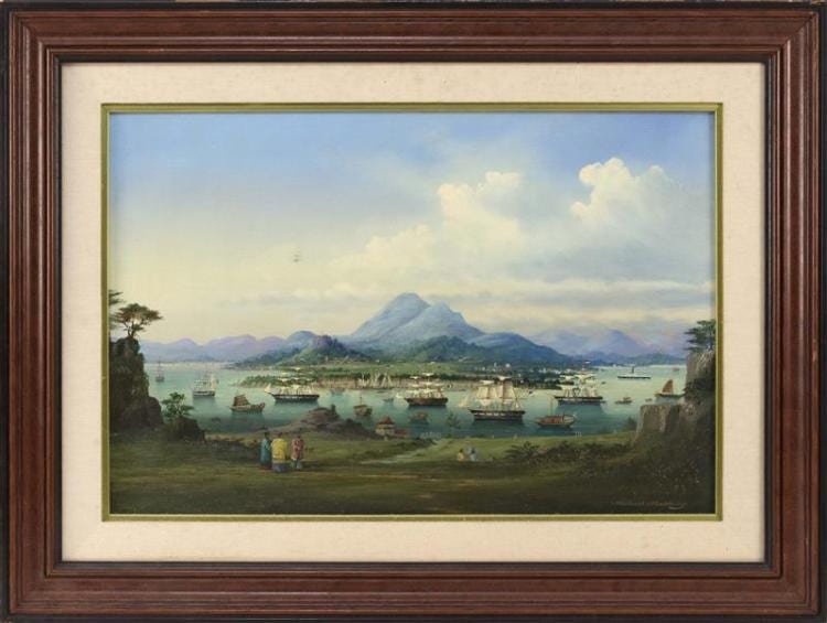 Michael Matthews comparable auction result: michael matthews english b 1933 chinese export style port painting oil on board 18 x 27 framed 27 x 36