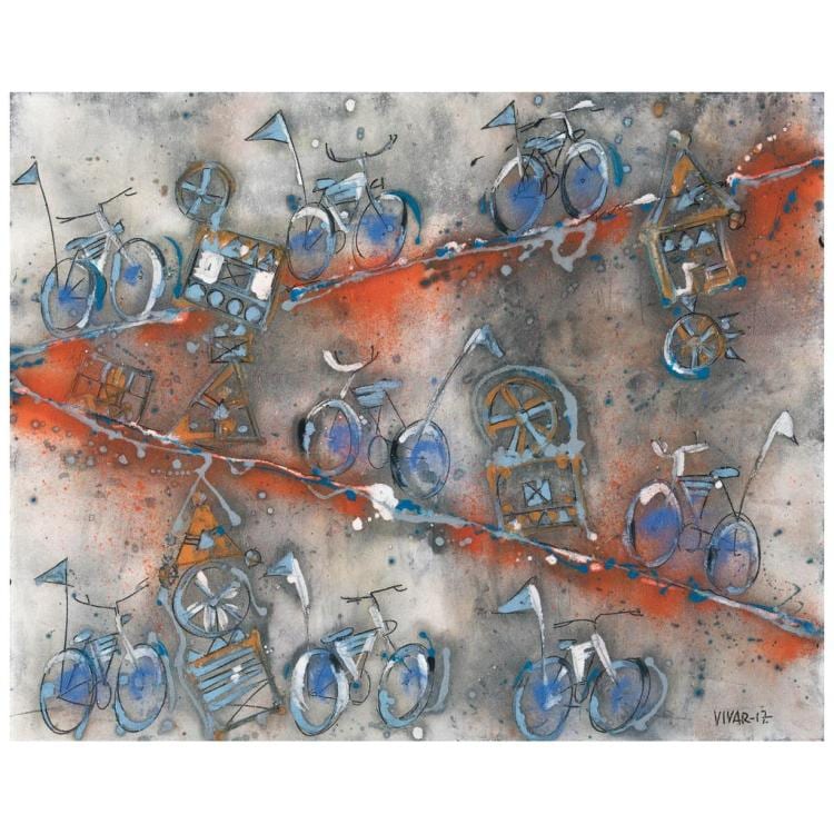 Carlos Vivar comparable auction result: carlos vivar carrera en italia signed and dated 17 on the front signed on the reverse oil and sand on canvas 80 x 100 cm 11 8