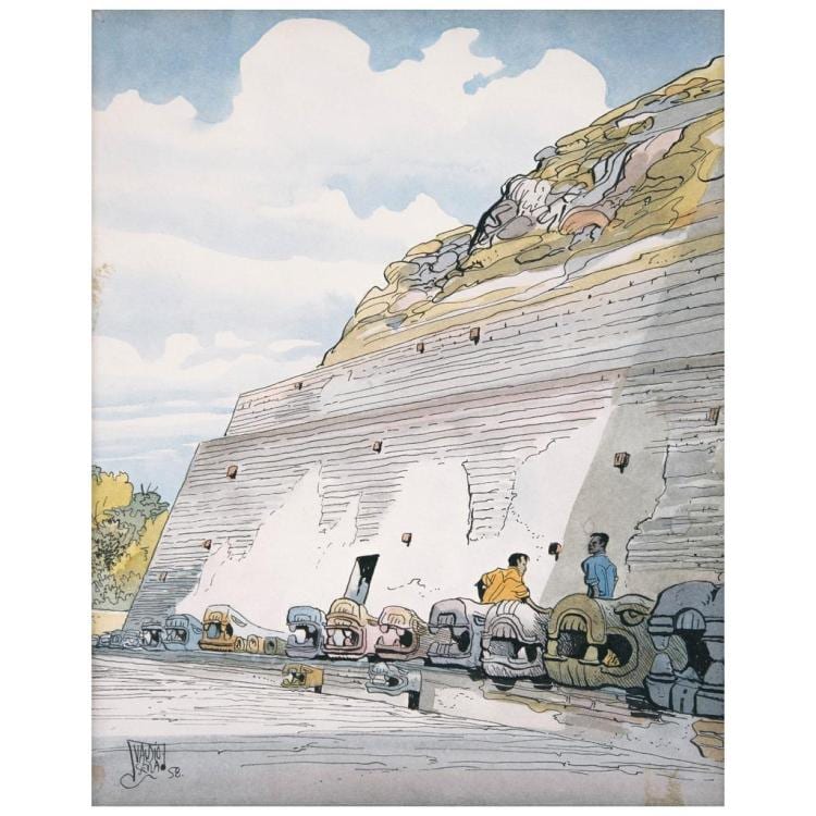 Ramón Valdiosera comparable auction result: ram n valdiosera teotihuacanos signed and dated 58 ink watercolor and graphite on paper 24 5 x 19 cm 9 6 x 7 4 inches