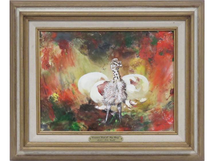 John F. Gould comparable auction result: john f gould american 1906 1996 oil on canvas creation with a big bang signed and inscribed 9 x 12 framed 14 x 17