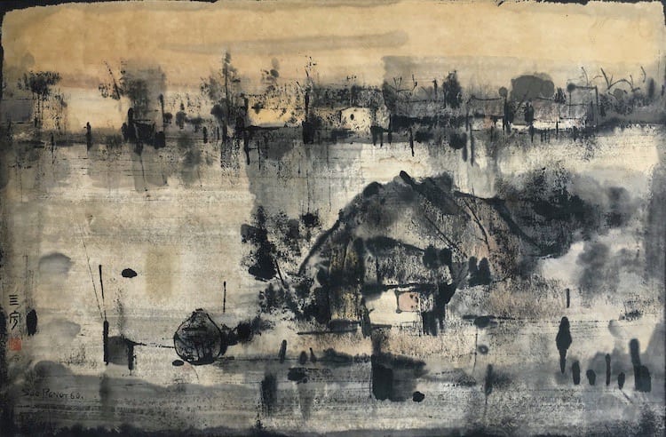 Cheong Soo Pieng (B. China, 1917-1983) Fishing Village in River Landscape, 1964 sold by KLAS Art Auction, lot 26 — auction record photograph