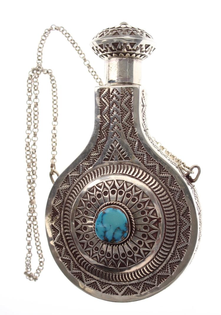 Auction comp thumbnail for Sterling Silver Genuine Turquoise Masterpiece Canteen Navajo Native American Southwest Indian Jewelry (Billy The Kid Auction House, Lot 325)