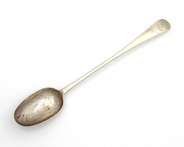 Auction comp thumbnail for An antique George I Britannia Silver bating spoon by Andrew Archer, London 1715. Originally in Hanoverian pattern, with a later conversion to Old English pattern. Length 32cm / 12.5". Silver weight 113g / 3.65 troy oz. (Elmwood's, Lot 12)