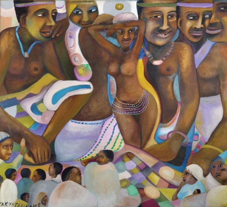 Jak Moses Katarikawe comparable auction result: jak moses katarikawe 1940 ugandan figures with children oil on canvas signed 35 25 x 38 5