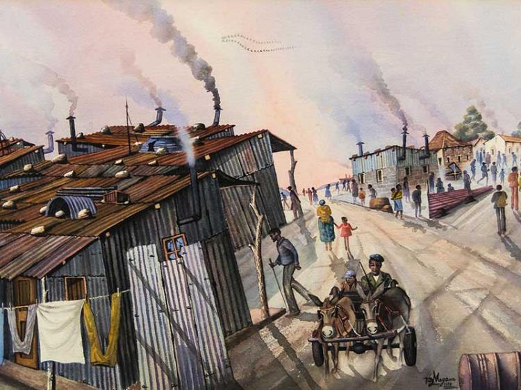 David Phaswane Mogano comparable auction result: david phaswane mogano sa 1932 2000 watercolour donkey cart in a township scene signed dated 1983 52 x 73