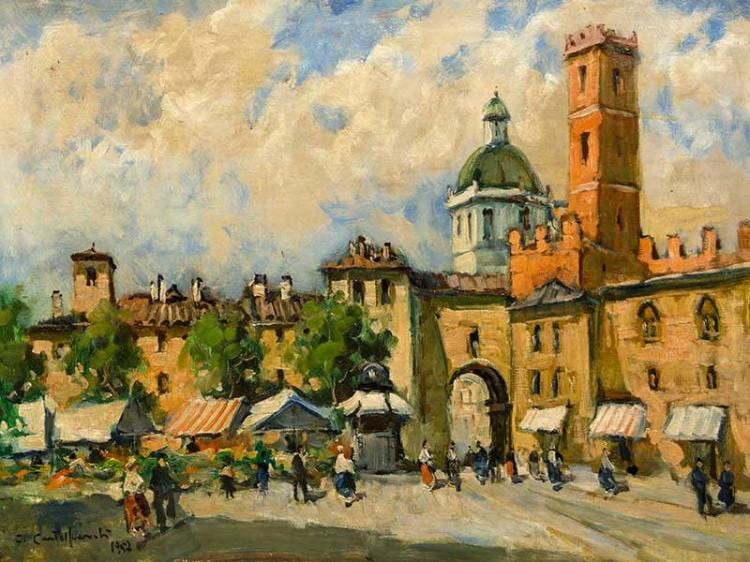 Cirano Castelfranchi comparable auction result: cirano castelfranchi italian 1912 1973 oil piazza sozoella signed dated 1957 titled verso 53 x 74