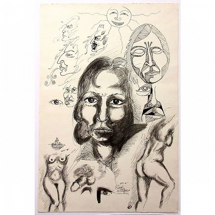 Saul John Williams comparable auction result: saul williams indigenous 1954 untitled various subjects pen ink sketches on one sheet signed lower centre sheet 18 x 12 unframed shrink wrapped