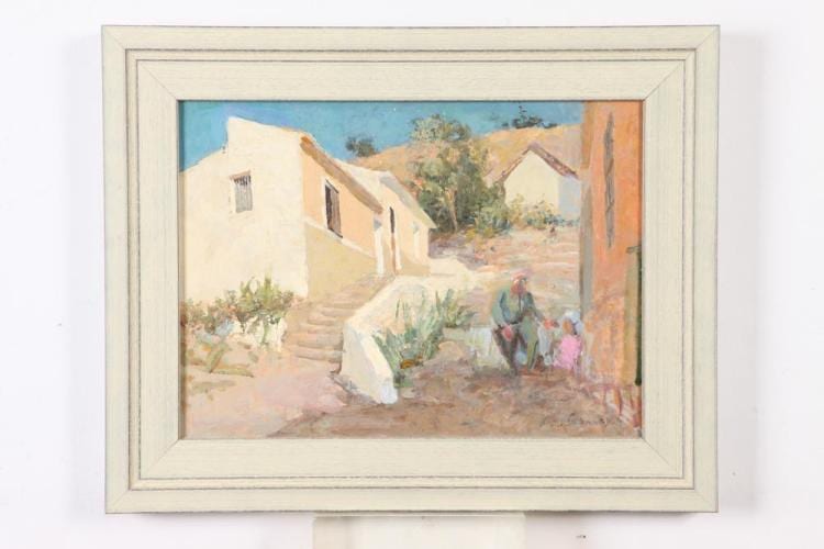 Alan Stenhouse Gourley comparable auction result: alan stenhouse gourley english 1909 1991 spanish village scene signed and dated 43 lower right oil on board