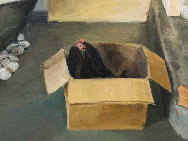 Claire Menck comparable auction result: clare menck sa born 1969 oil chicken in a box signed dated 03 40 x 42