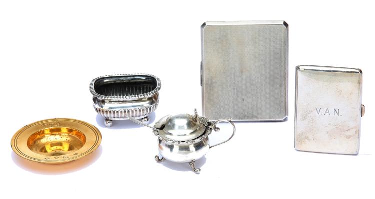 A mixed group of antique sterling silver items, including a George V cigarette case, London 1931 by Brook & Son Of rectangular form with engine-turned decoration, with gilt interior, length 10 cm/3.9 inches, another cigarette case, Birmingham 1916, by Horace Woodward & Co, engraved with an inscription and with initials, length 8.2 cm/3.2 inches, a small silver-gilt armada dish, London 1972, by William Comyns & sons ltd, diameter 8.7 cm/3.4 inches, a salt cellar, Sheffield 1887, by James Deakin & Sons, with fluted lower body, length 6.6 cm/2.6 inches, a small George V mustard pot and a 19th century French engine-turned mustard spoon. (6) Weight – 390 grams/12.5 ozt sold by Chiswick Auctions, lot 154 — auction record photograph