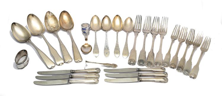 A mixed group of Danish silver, including a part canteen of fiddle and shell flatware, Copenhaguen the dessert spoons 1923, the table forks 1925, the cake knives 1939, assay master Christian F.Heisse (1904-32) and Johannes Siegaard 1932-1960 Comprising: five table forks, six dessert forks and six cake knives, engraved with initials, five bright-engraved dessert spoons, Copenhagen 1907-13, assay master Christian F.Heisse, stamped R Jensen, engraved with initials, an acorn pattern fork, stamped Georg Jensen, circa 1950, four fiddle and thread pattern table spoons, Copenhagen 1948, a souvenir spoon, Copenhagen 1949, two table spoons, a napkin ring and a food pusher. (Qty) Weight excluding knives– 1212 grams/38.9 ozt sold by Chiswick Auctions, lot 175 — auction record photograph