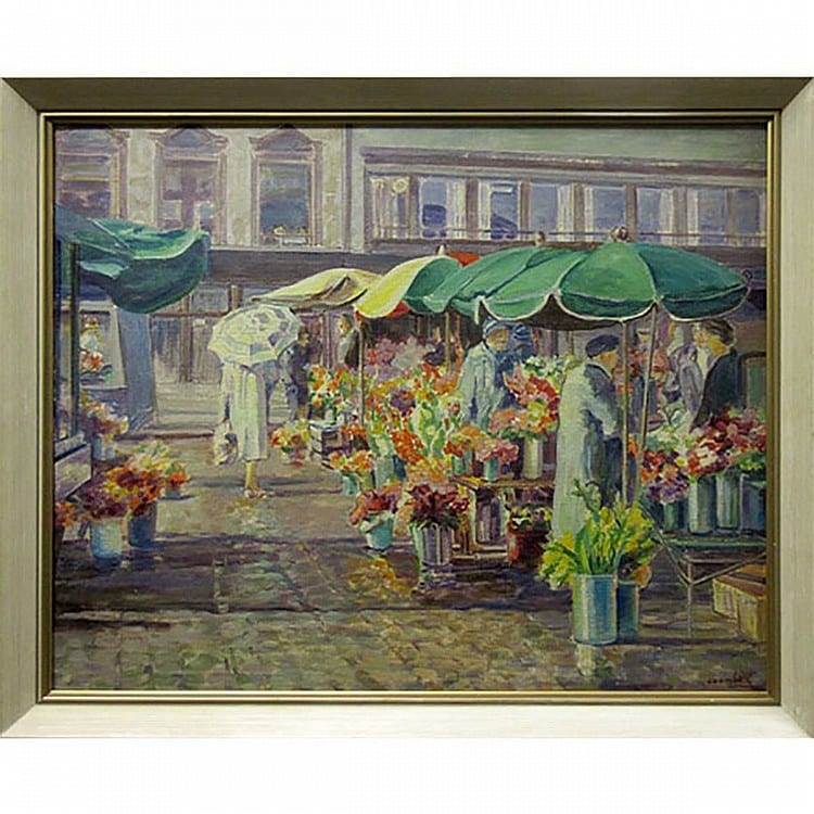 Edith Grace Coombs comparable auction result: edith grace coombs canadian 1890 1986 flower market bergen norway oil on masonite signed lower right signed and titled verso 24 x 30 in 61 x 76 2 cm
