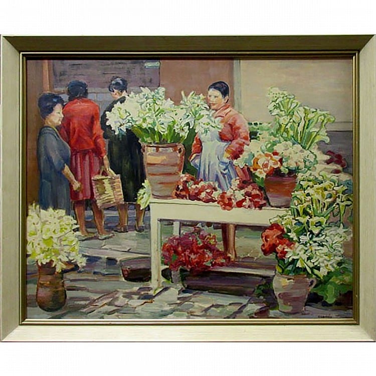 Edith Grace Coombs comparable auction result: edith grace coombs canadian 1890 1986 bashful flower seller oil on masonite signed lower right signed titled and dated 1962 verso 24 x 30 in 61 x 76 2 cm
