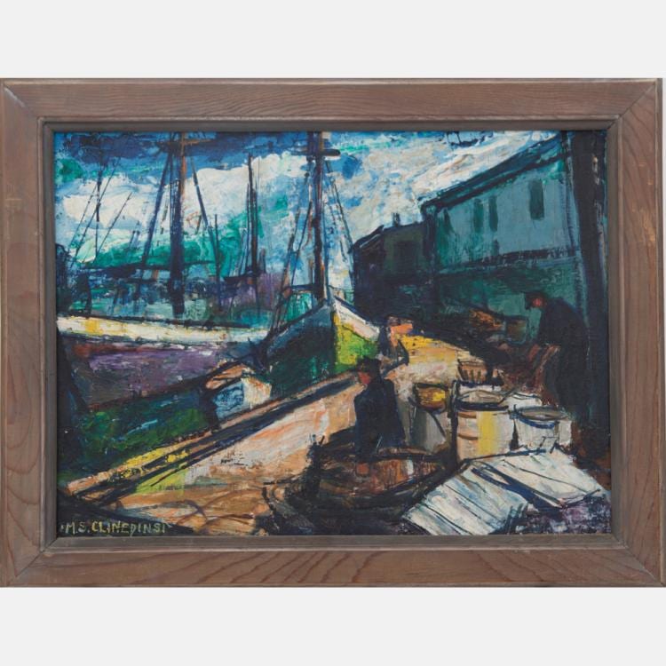 May Spear Clinedinst comparable auction result: may spear clinedinst 1887 1960 harbor scene with figures oil on board