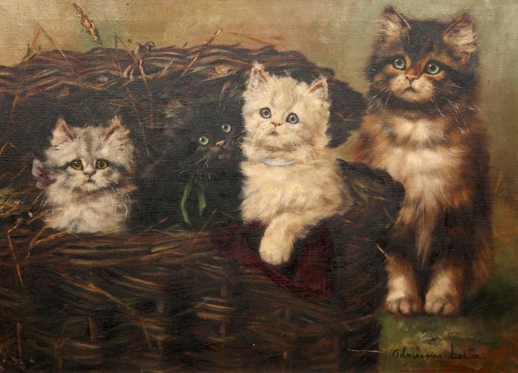 Adrienne Lester comparable auction result: adrienne lester 1870 1950 kittens in a basket signed lower right oil o