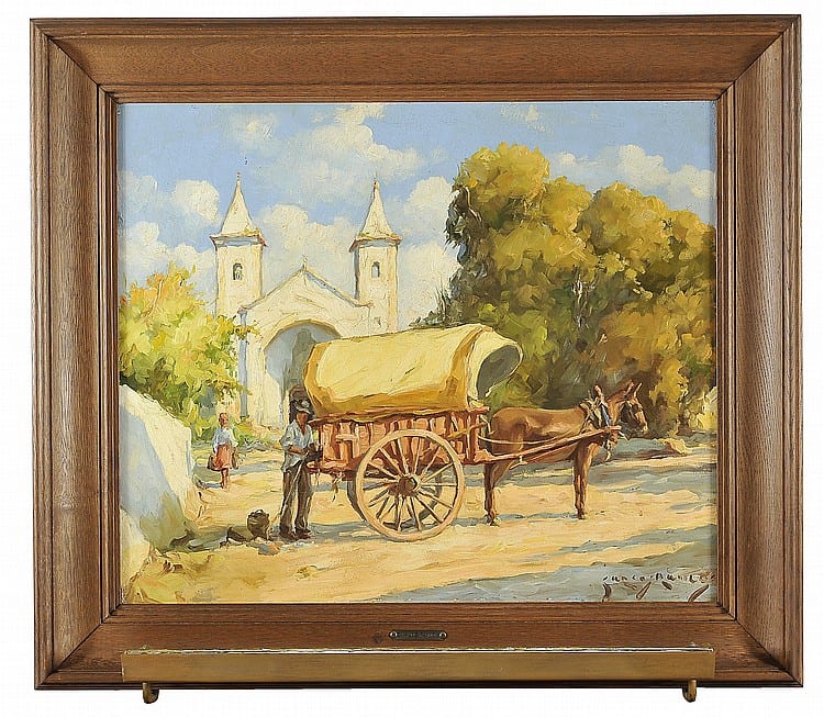 Carlos (1912) Ramos comparable auction result: figures and mule cart in front of the church