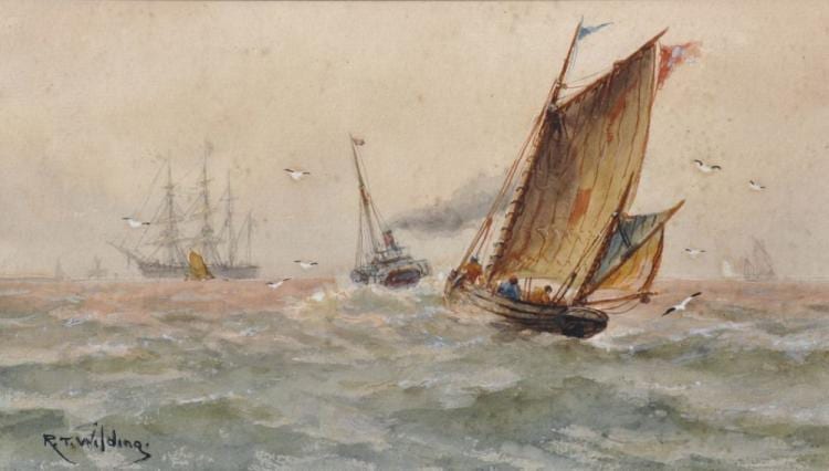 Robert Thornton Wilding comparable auction result: robert thornton wilding 19th 20th century british fishing vessel a paddle steamer and a man o war in stormy waters watercolour signed 5 x 9