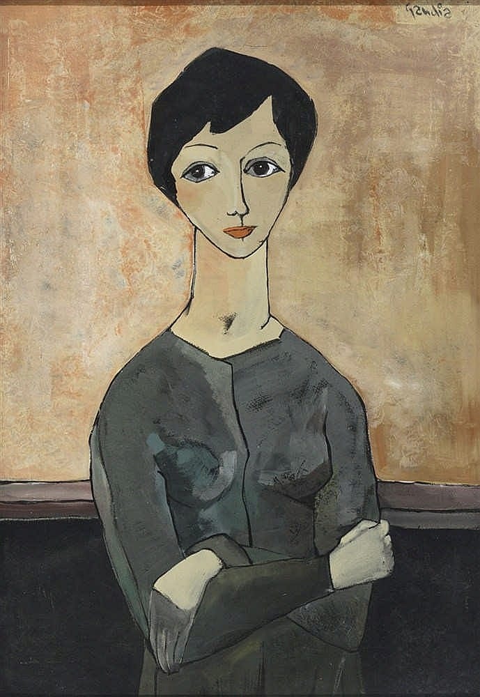 Vicente Gandia comparable auction result: vicente gandia 1935 2009 retrato de joven con los brazos cruzados gouache on paper of 97 x 67 cm signed