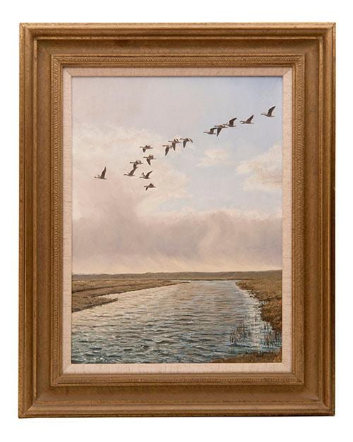 Julian Novorol comparable auction result: julian novorol geese over coastal marshland