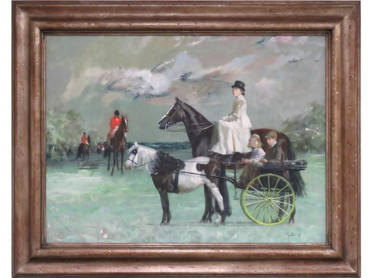 Ricard Arenys Galdón comparable auction result: ricardo arenys spanish 1914 1977 oil on canvas figures on horseback children in a carriage signed 24 x 32 framed 32 x 40
