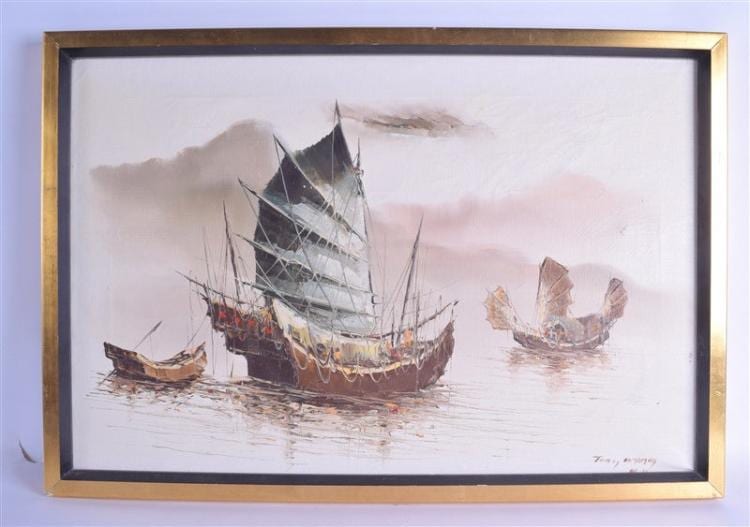 Tony Wong comparable auction result: tony wong born 1948 hong kong pair of framed oil on canvas boating sc