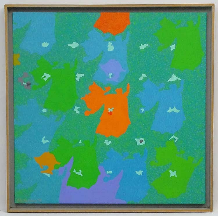 Eric Malthouse comparable auction result: eric malthouse 1914 1997 acrylic on canvas elegy for fun seven 1975 79 titled and details verso signed lower left and dated 79 29 7 8 x 30