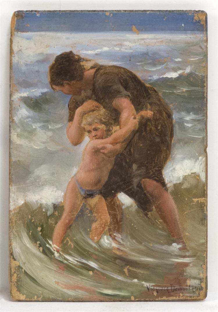 virginie demont breton french 1859 1935 mother and child in the waves oil on panel 5 5 x 4 unframed · Eldred's · 2018-03-10 Virginie Demont-Breton comparable auction result: virginie demont breton french 1859 1935 mother and child in the waves oil on panel 5 5 x 4 unframed