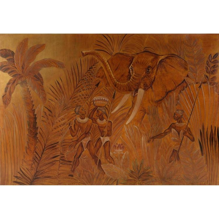 Pierre Dunand comparable auction result: pierre dunand 1914 1996 porteurs noirs et l phantgrand panneau circa 1950 en laque de chine polychrome en bas relief dominantes