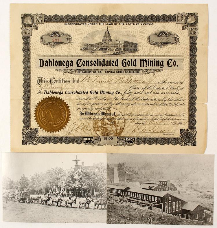 Dahlonega Consolidated Gold Mining Company Certificate 1 sold by Holabird Western Americana, lot 3180 — auction record photograph