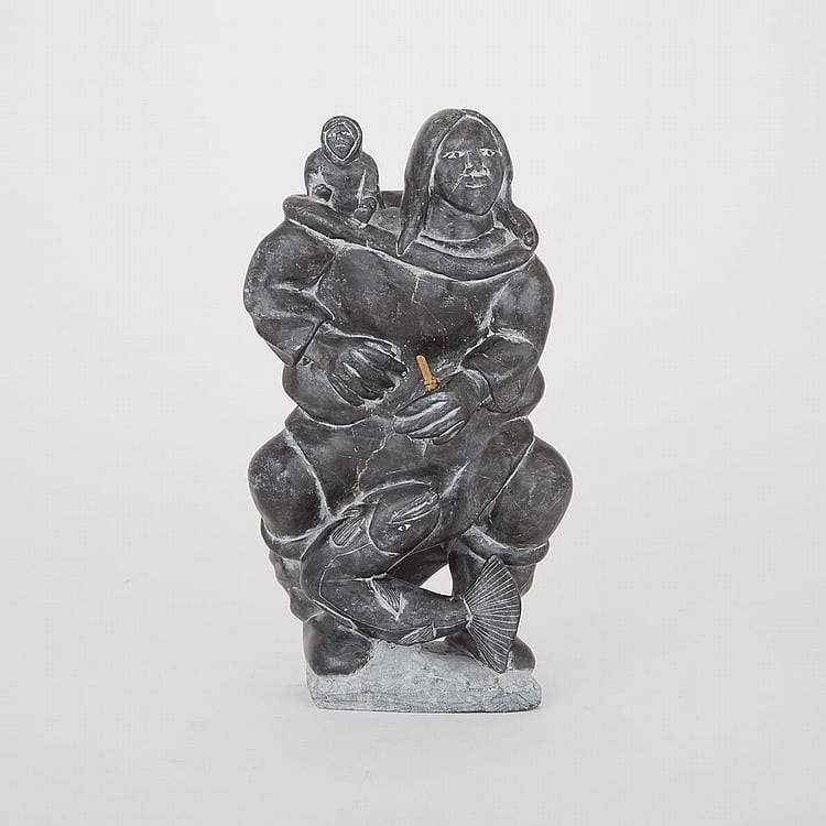 Jimmy Inaruli Arnamissak comparable auction result: jimmy inaruli arnamissak 1946 woman with child catching a fish stone 15 x 8 x 4 in 38 1 x 20 3 x 10 2 cm