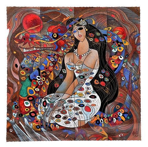 Colorful serigraph print of a nude woman seated at a patterned table, with a swirling abstract background and colorful birds or fish-like shapes around her.