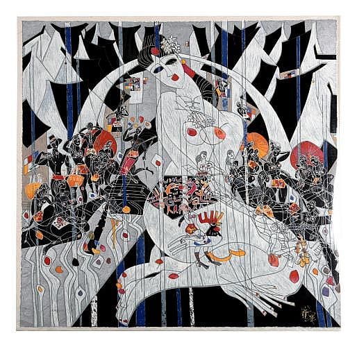 Colorful abstract print on parchment-like paper with black and white draped shapes and a central pale figure surrounded by small geometric forms.