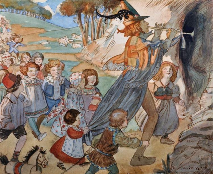 Olive Wood comparable auction result: olive wood 20th century british the pied piper surrounded by children watercolour signed and inscribed on a label on the reverse unframed 8 x 9 75
