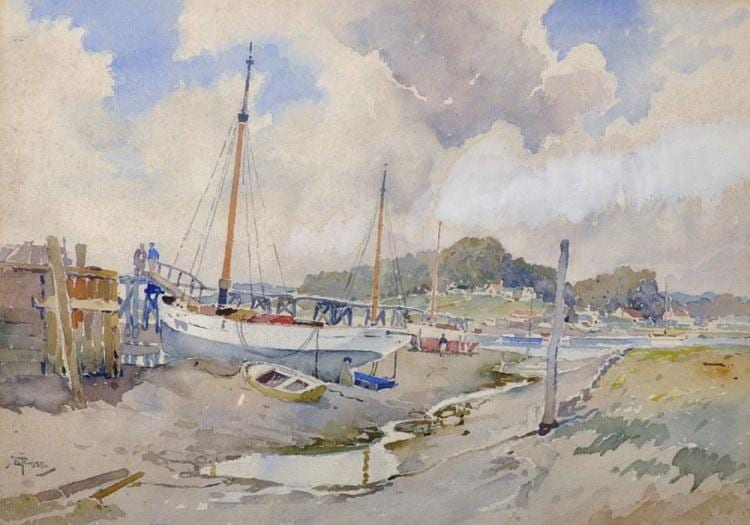 David Thomas Rose comparable auction result: david thomas rose 1871 1964 british boatyard jetty at low tide watercolour signed 9 5 x 13 5