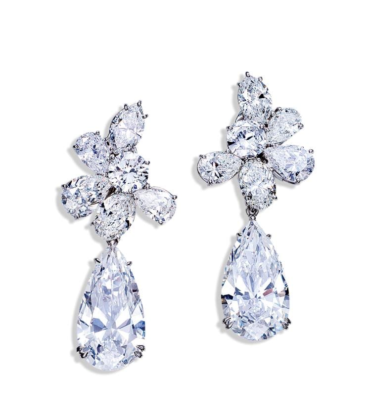 A PAIR OF 10.06 AND 10.02 CARATS, D COLOR, TYPE IIA DIAMOND EAR PENDANTS, BY Harry Winston comparable sale