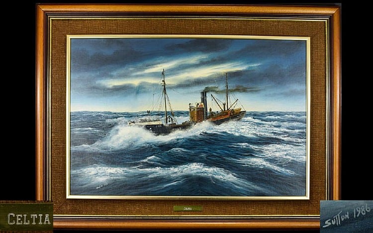 Keith Sutton - Blackpool Artist 1924 - 1991. Titled - Trawler ( Celtia ) LL28, In Rough Waters Out of Fleetwood - Oil on Canvas. Signed & Dated 1986. Painting Size Only - 20.5 x 30.5 Inches. Good Condition. sold by Gerrards Auction Rooms, lot 920 — auction record photograph