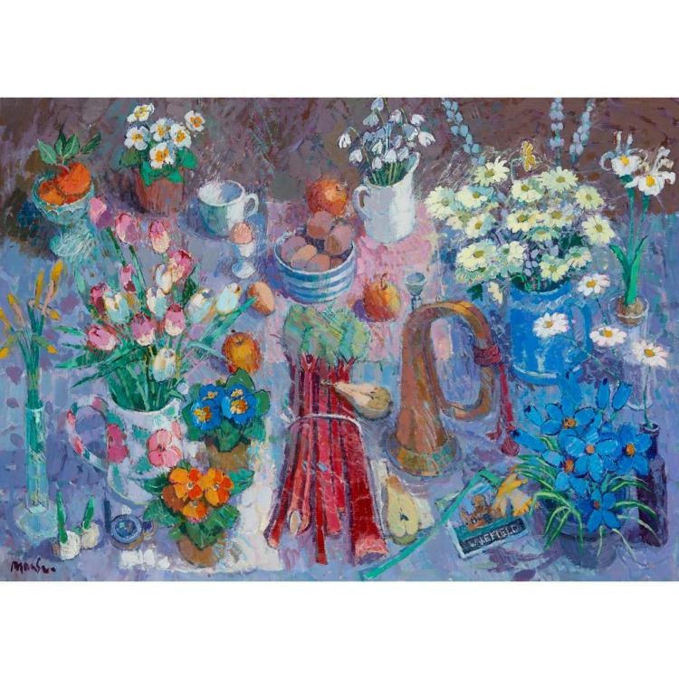 Donald Manson comparable auction result: donald manson scottish b 1948 spring rhubarb 72 cm x 101 5cm 28 5in x 40in