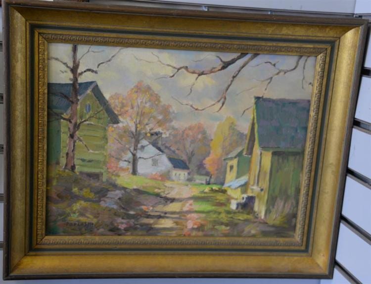 Alex Poplaski comparable auction result: alex poplaski 1906 1988 oil on canvas connecticut farmyard with house and barns signed lower left poplaski 12 x 16