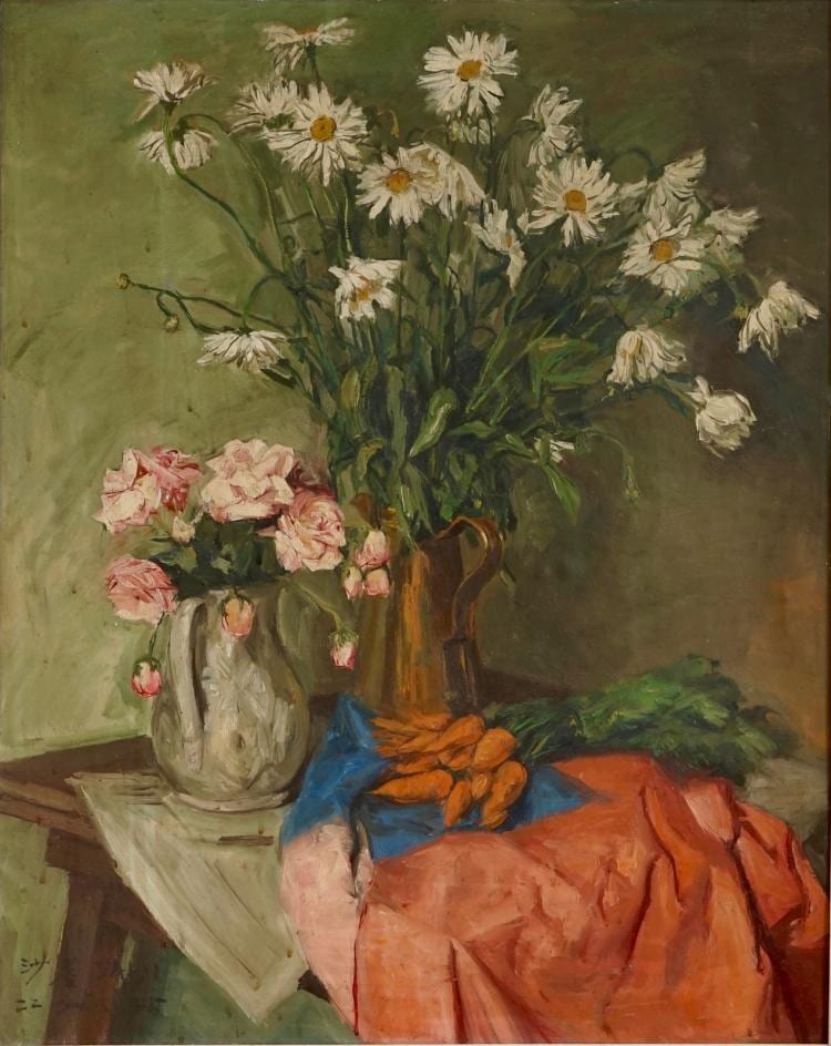 SADJI (SHA QI, SHA YINNIAN) (1914-2005), A STILL LIFE WITH FLOWERS AND CARROTS, OIL ON CANVAS, DATED 1945 sold by Rob Michiels Auctions, lot 1125 — auction record photograph
