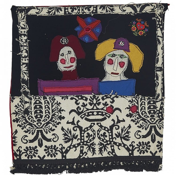 Norman Laliberté comparable auction result: norman lalibert wedding night appliqu fabric 19 ins x 18 ins 45 7 cms x 50 8 cms