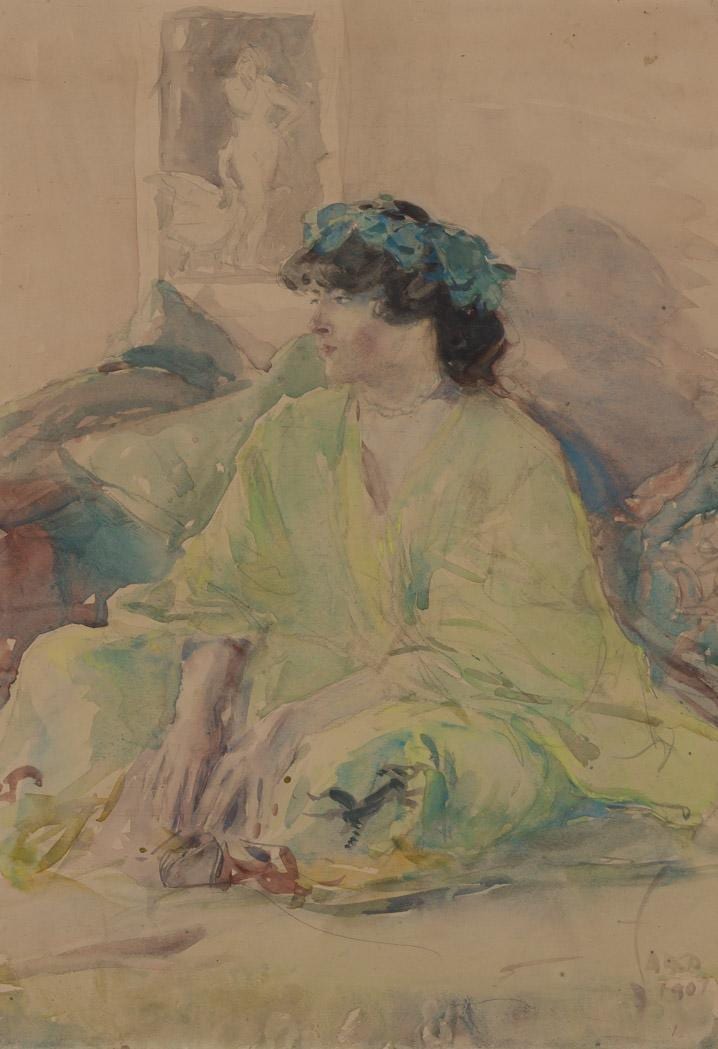 Watercolor portrait of a seated woman wearing a blue-green floral wreath.