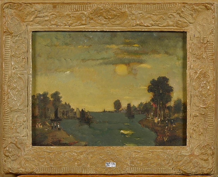 John Michaux comparable auction result: huile sur panneau coucher de soleil au port sign en bas gauche john michaux ecole belge dim 31x40cm