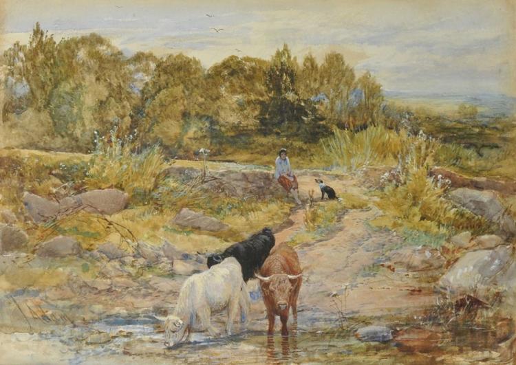 Joseph Denovan (1842) Adam comparable auction result: joseph denovan adam c 1870 n1935 british highland cattle watering at a stream with a lady and a dog on the path beyond watercolour signed 13 5 x 19 5